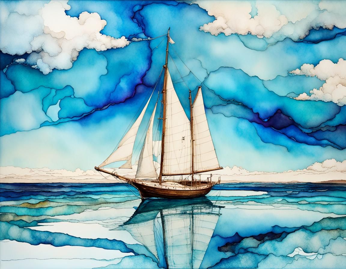 Sailing Boat in Alcohol Ink Style
