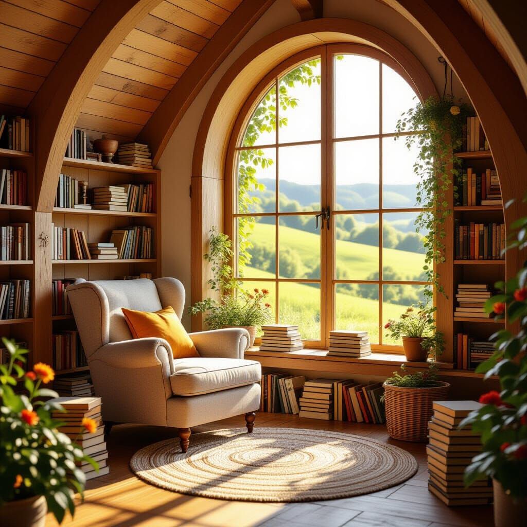 Cozy Hillside Reading Nook Bathed in Sunlight