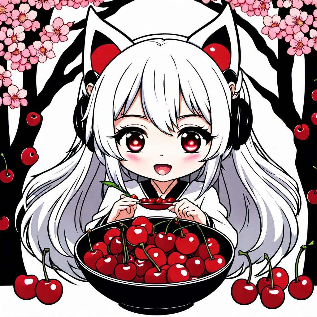 Chibi Anime Girl with Wolf Ears and Cherries