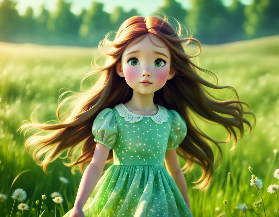 Little Girl in Meadow, Pixar Style Animation
