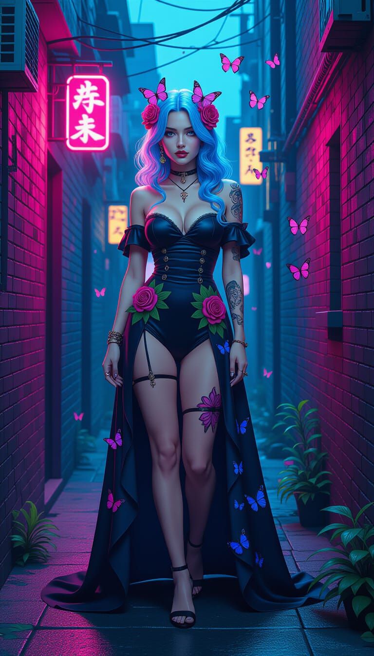 Boho-Gothic Woman in Neon Alley, Inspired by Yoshitaka Amano