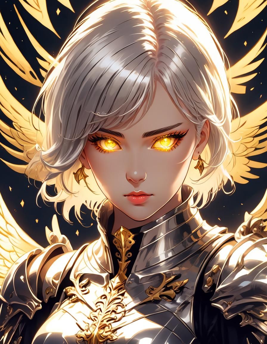 Anime Angel Warrior in Silver and Gold Armor