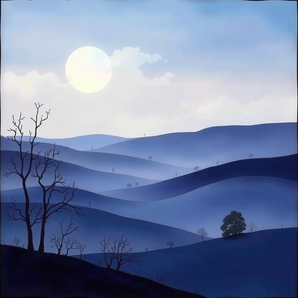 Whimsical Blue Twilight Landscape with Art Nouveau Silhouett...