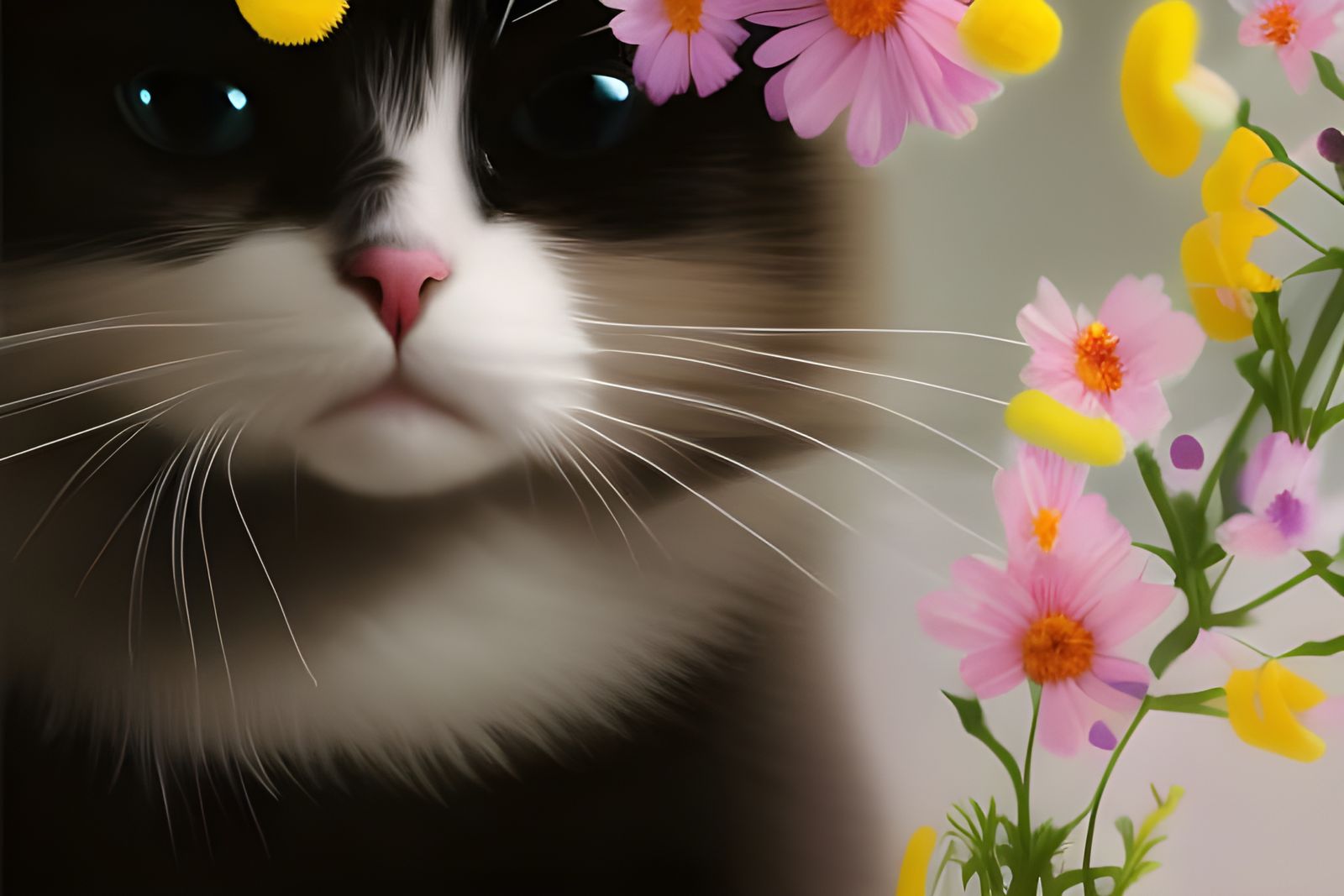 Cute Cat Surrounded by Colorful Falling Flowers