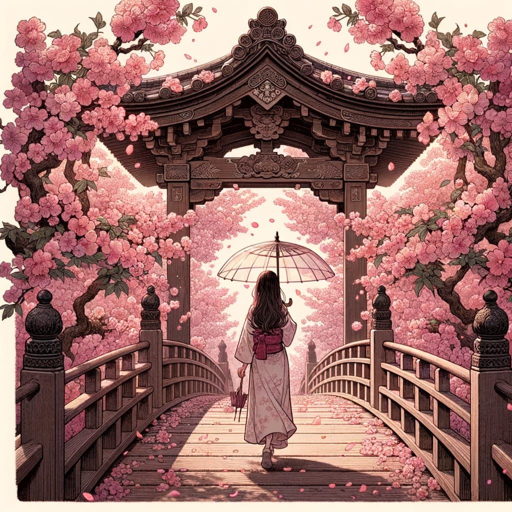 Japanese Anime Bridge with Blossoms and Girl