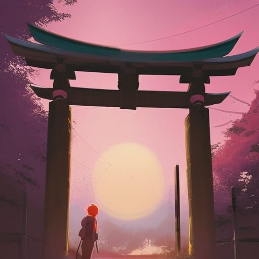 Sunset Torii Gate in Anime Style