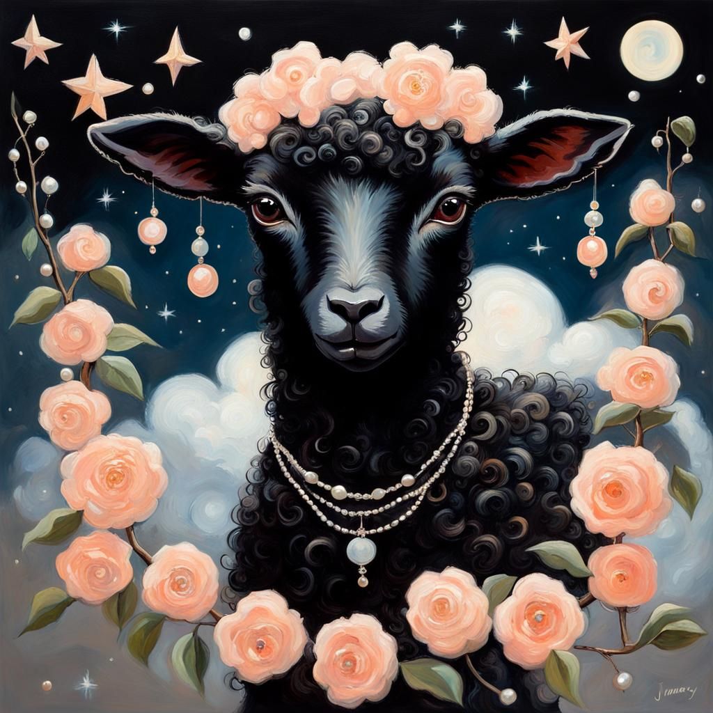Elegant Black Lamb with Celestial Ornamentation