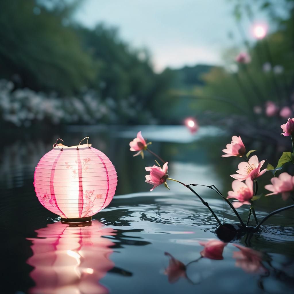 Glowing Paper Lantern on Serene River