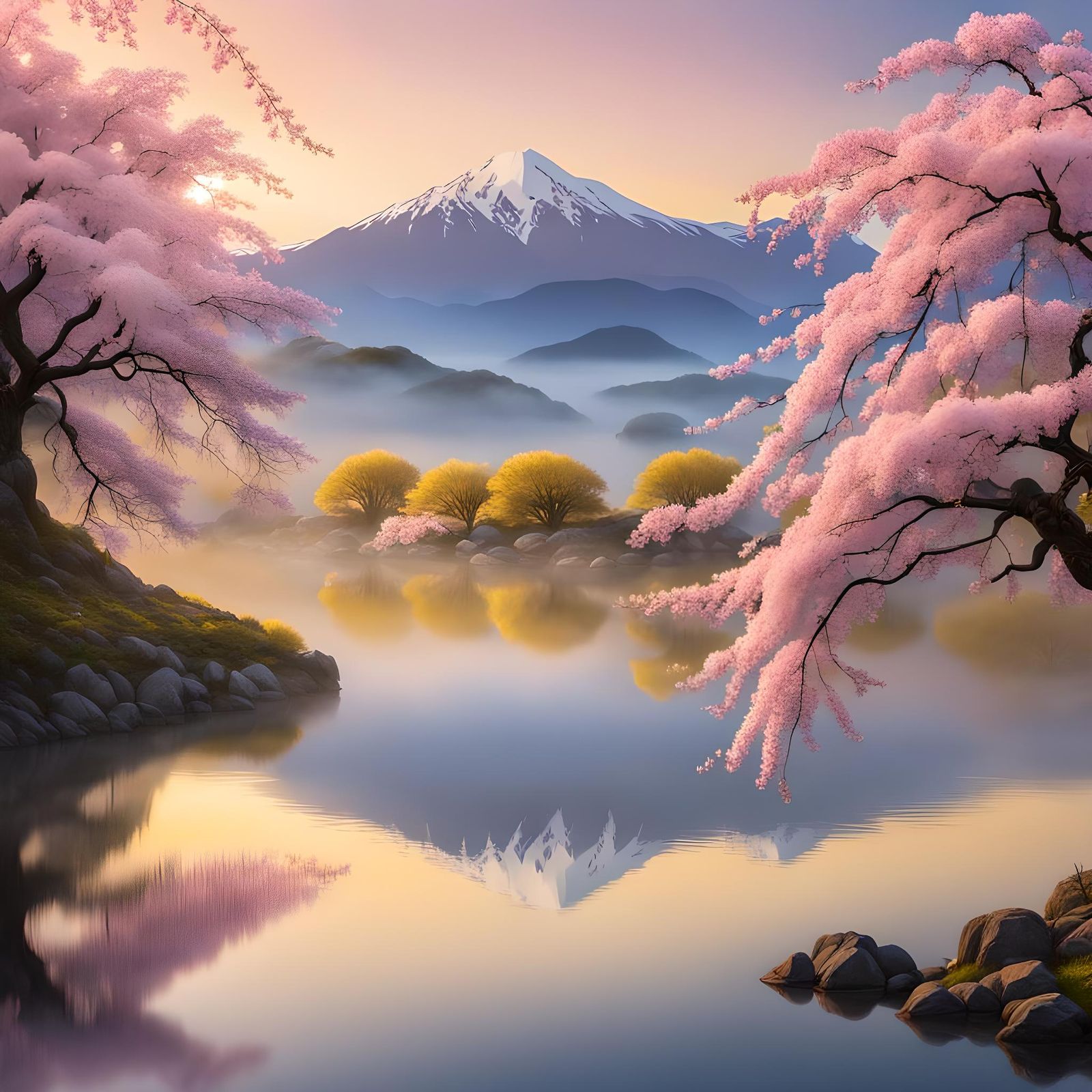 Misty Lake Reflecting Sakura Cherry Blossoms at Sunrise