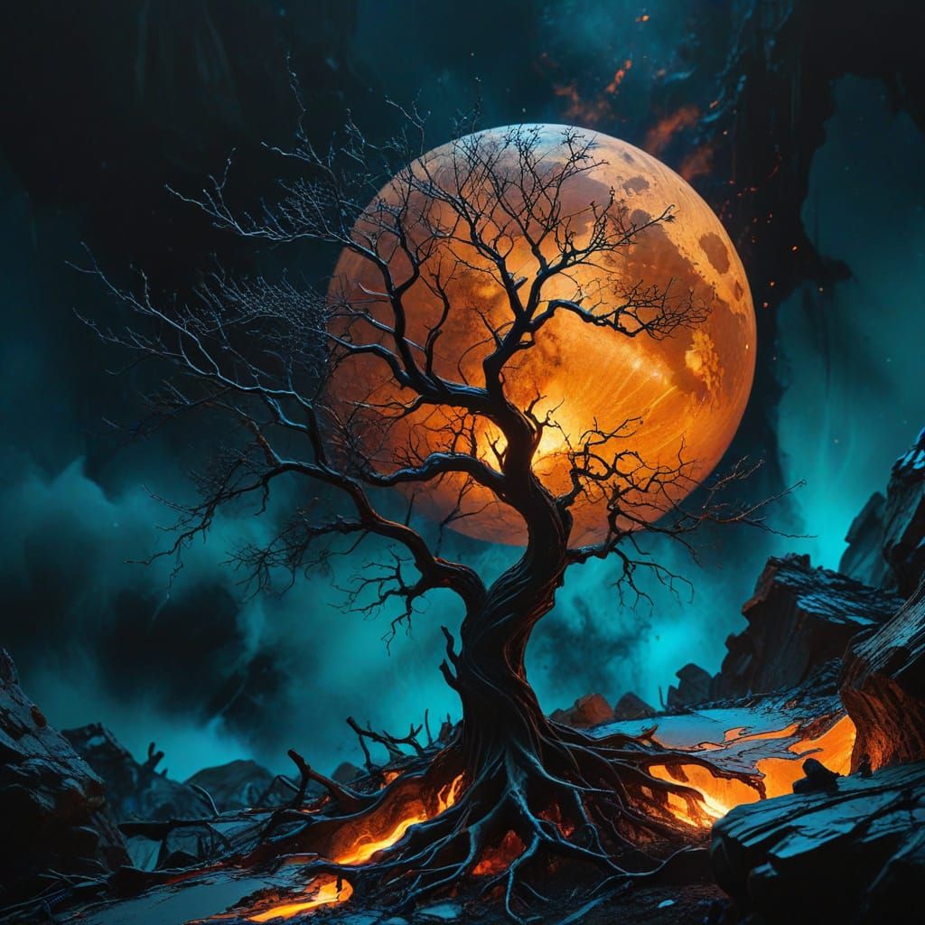 Abstract Tree Silhouette Under Glowing Celestial Body