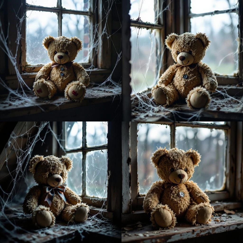 Eerie Teddy Bear in Dusty Attic Moonlight