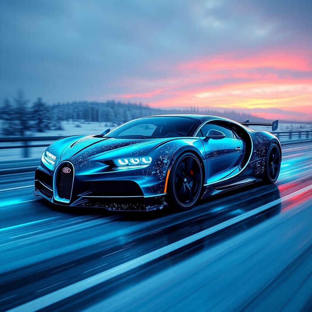 Futuristic Bugatti Supercar in Bioluminescent Encaustic Styl...