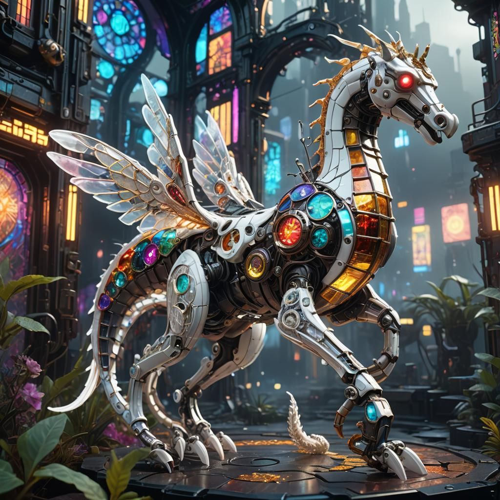 Cyberpunk Biomechanical Seahorse Takes Flight