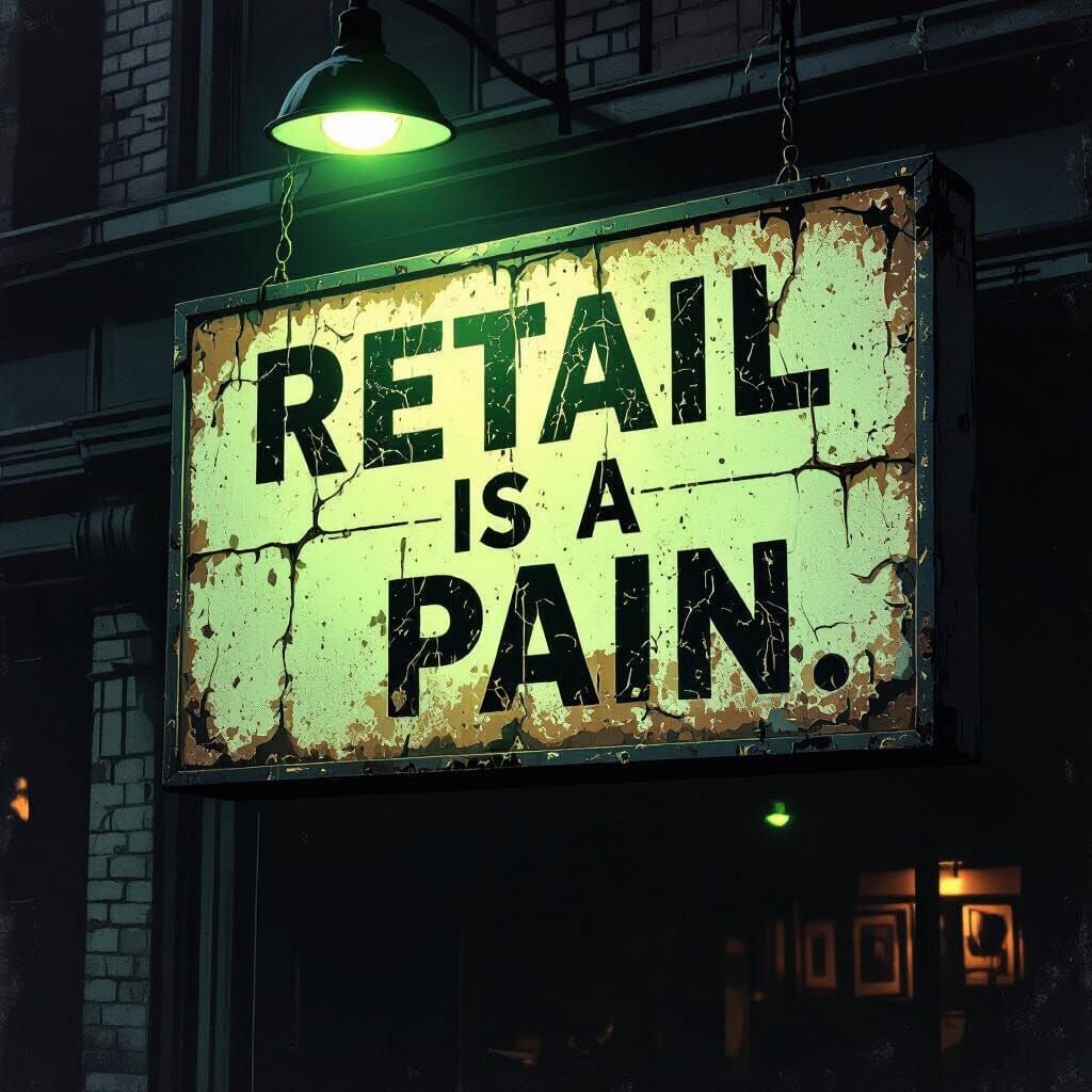 Gritty Noir Scene: 'Retail is a Pain' Sign
