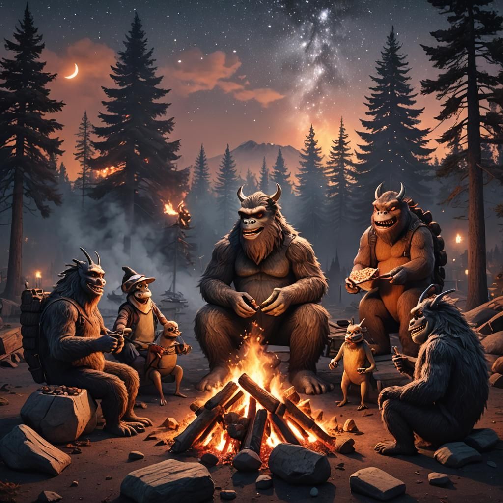 Cryptids Campfire Smores Under Starry Night, Fantasy Art