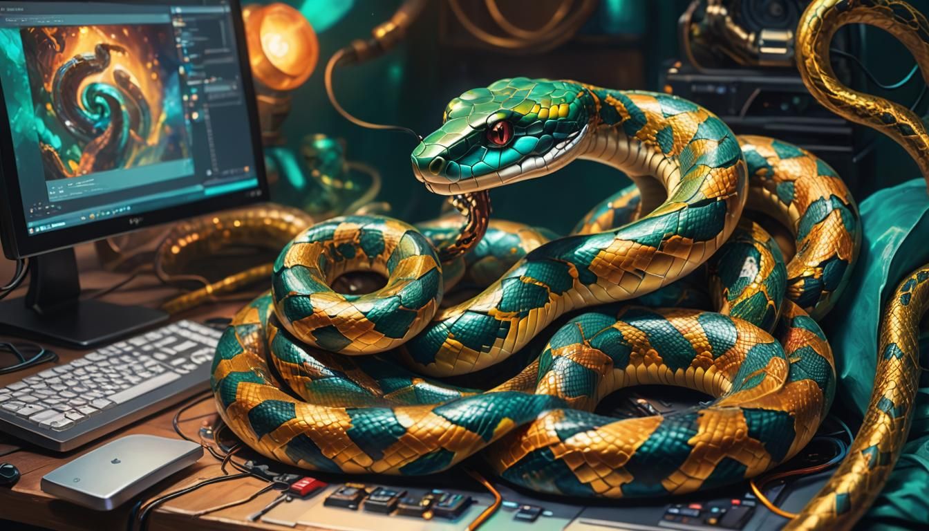 Serpent Embraces Computer: Triadic Oil Painting