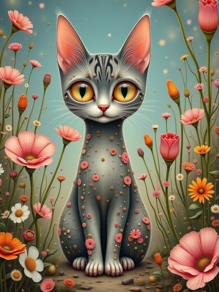 Floralcore Cat in Art Nouveau Style