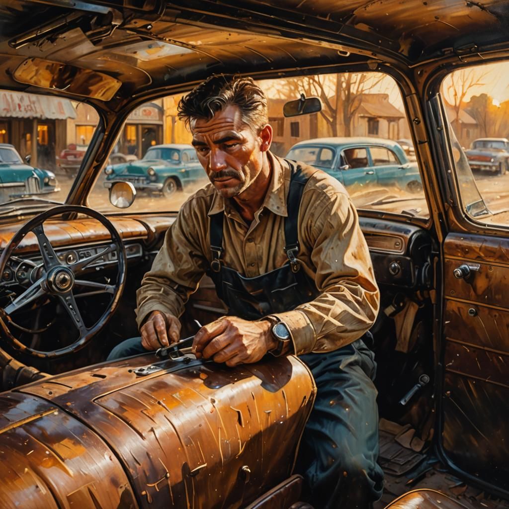 Vintage Garage Scene in Warm Oil Painting