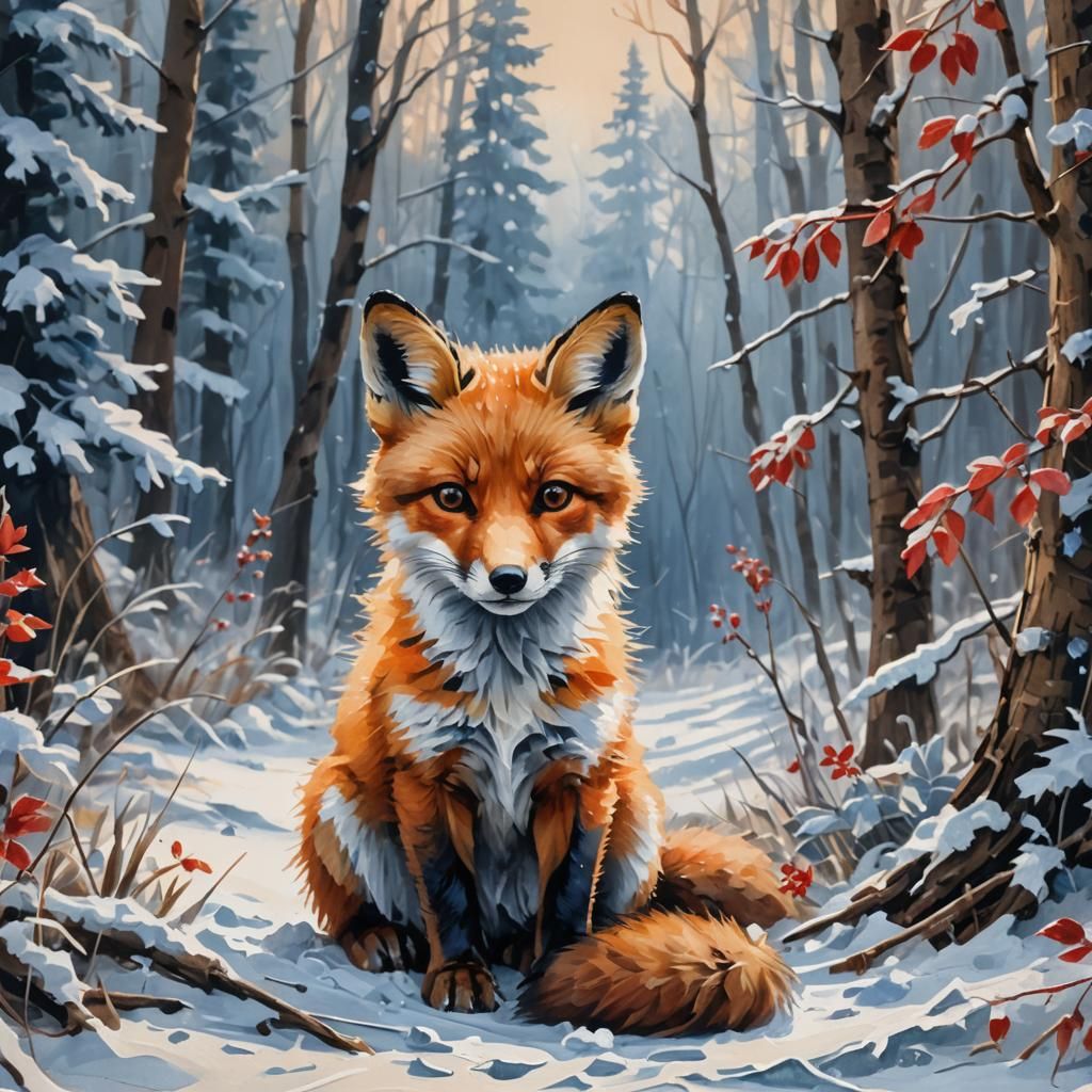 Baby Fox in Snowy Forest: Gouache Style