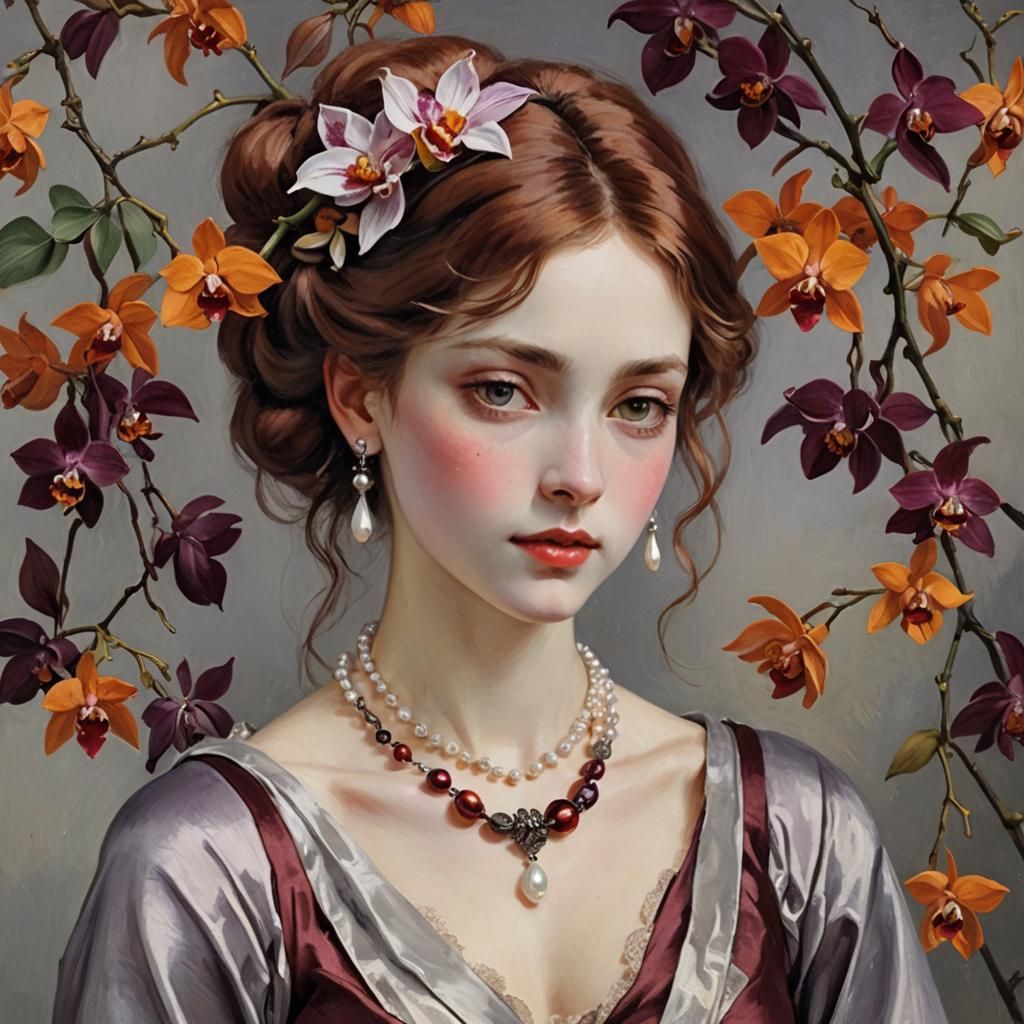 Anime Woman with Pearl Necklace in Impressionist Style