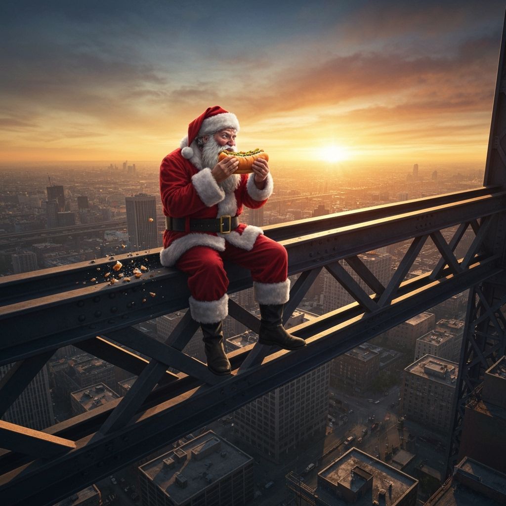 Santa Claus Eats Hoagie on Steel Girder at Sunset