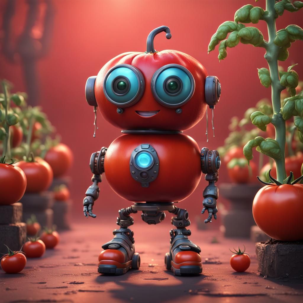 Bobble Head Tomato in Robot Shoes: Detailed Matte Painting