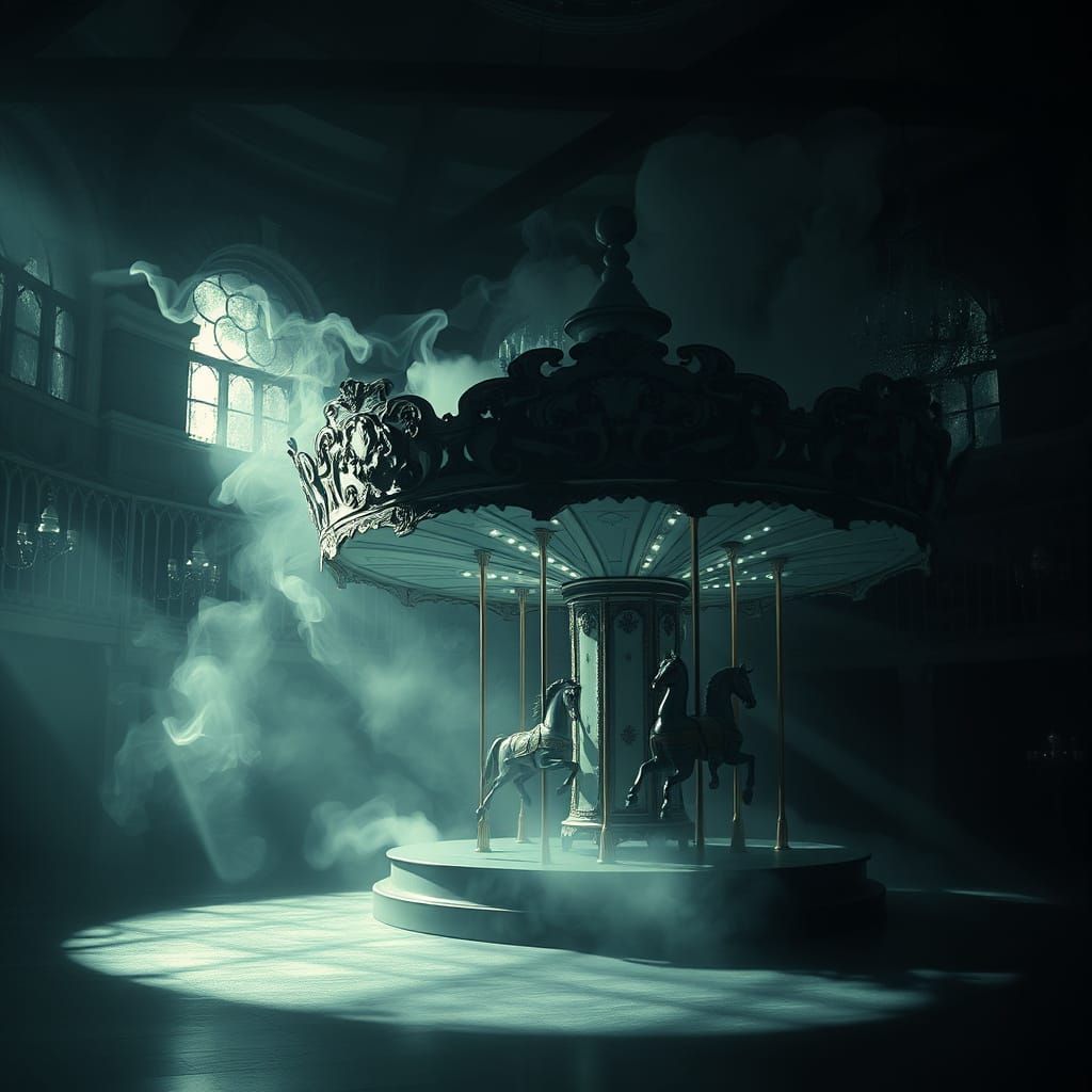 Carousel Dances in Moonlit Fantasy Ballroom, Double Exposure...
