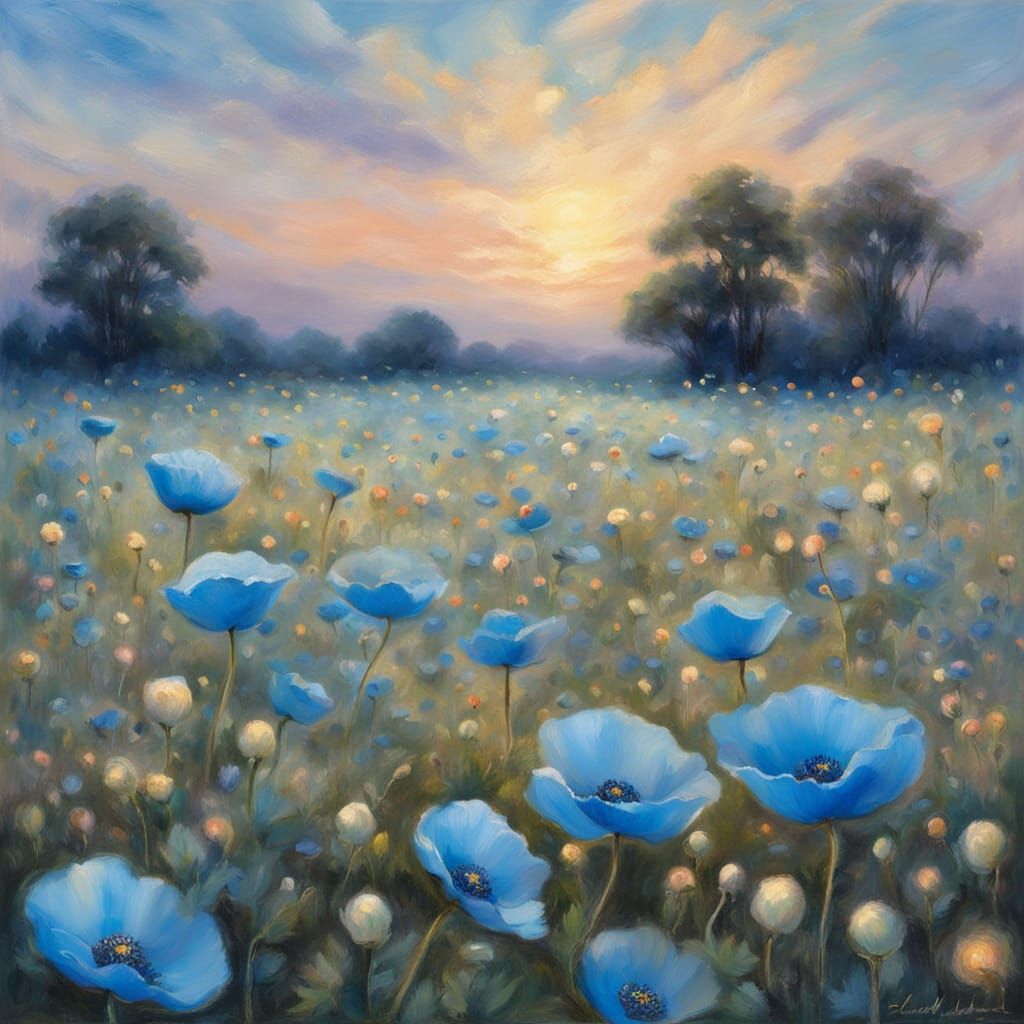 Dreamy Blue Poppy Field Under Twilight Sky as Impressionisti...