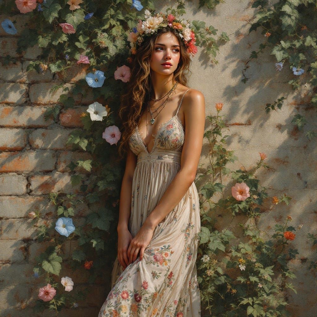 Young Woman in Vibrant Floral Garb, Set Against a Rustic Bri...