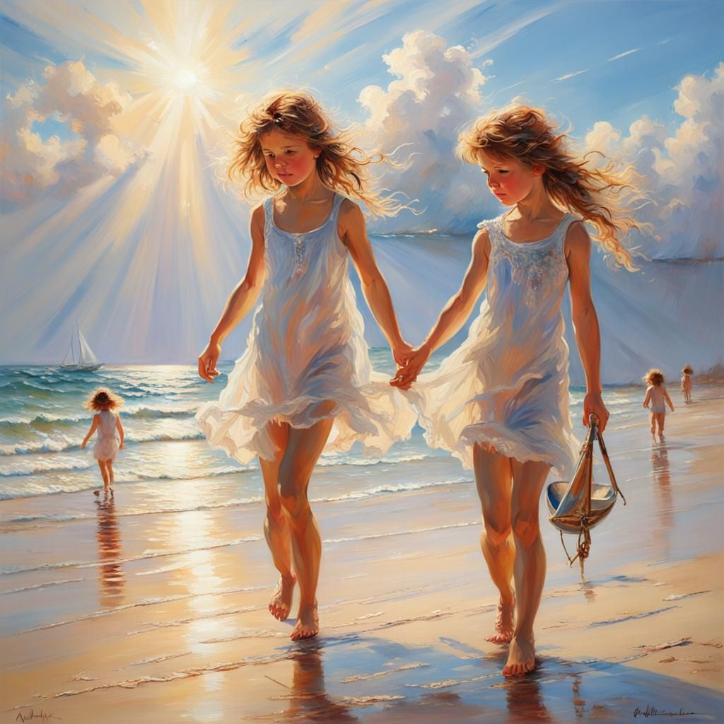 Girls Playing with Toy Yachts on Beach