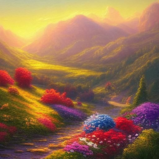 Idyllic Flower Field with Mill as Oil Painting