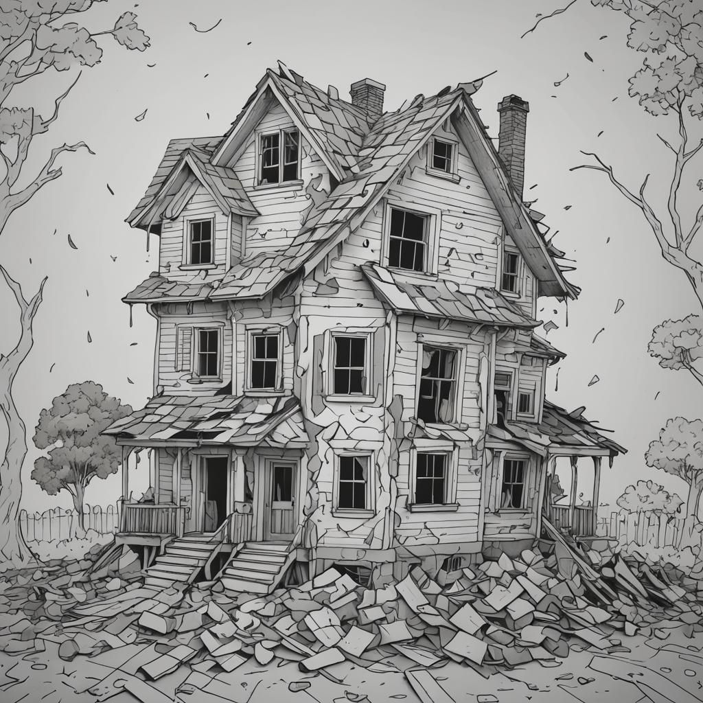 Whimsical Coloring Sheet of a Crumbling House