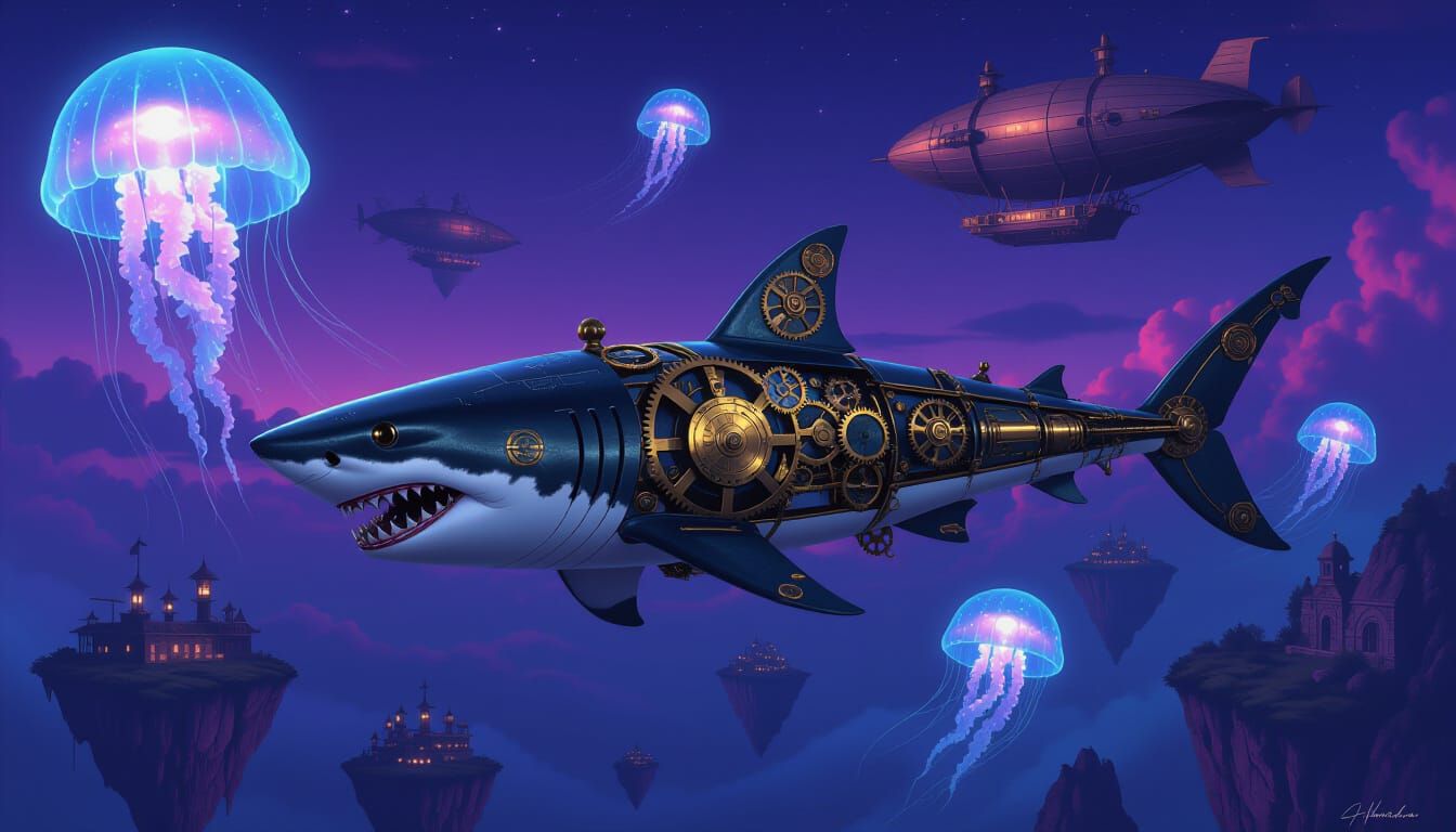 Clockwork Shark in Twilight Sky with Airships