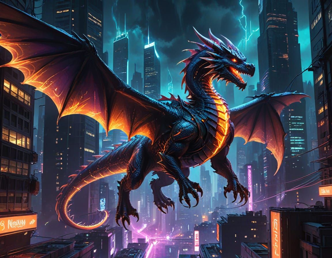 Cyberpunk Dragon Soaring Through Neon Cityscape