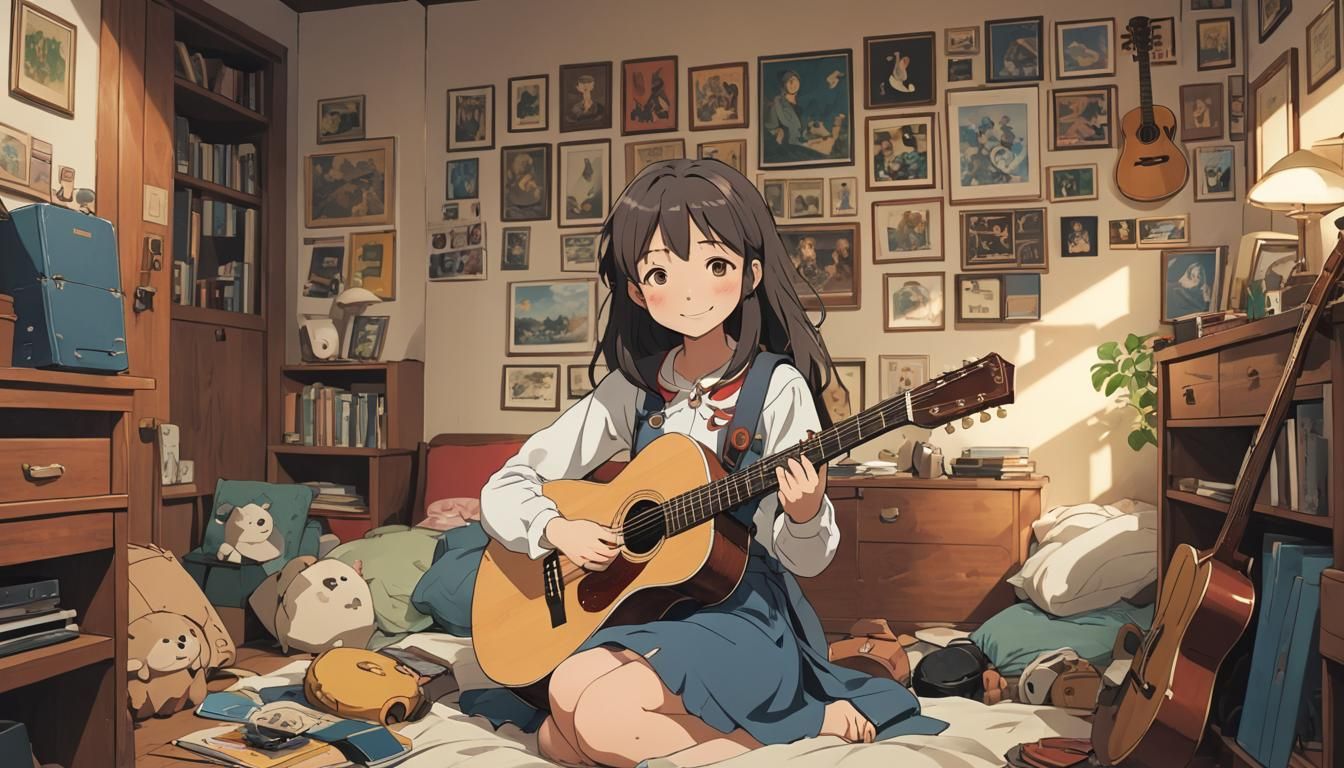 Cartoon Girl with Guitar in Ghibli Anime Style