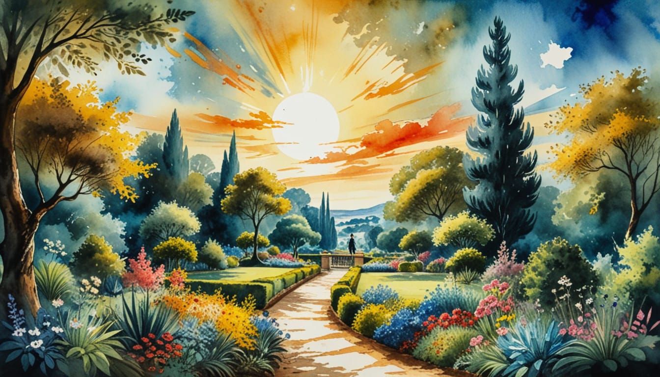 Surreal Summer Garden in Turner-Inspired Watercolor
