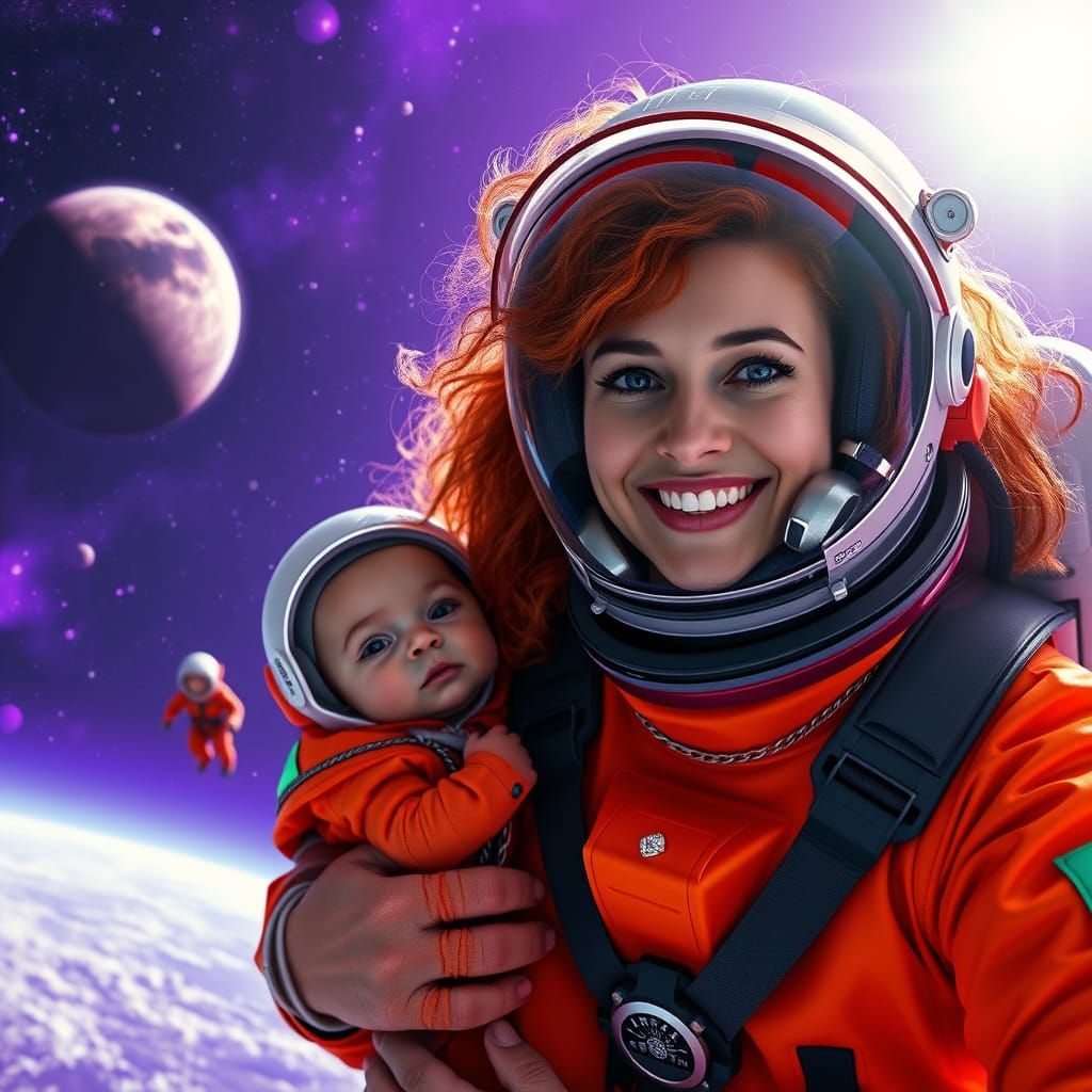 Cosmic Purple Haze with Astronauts in Bright Orange Suits