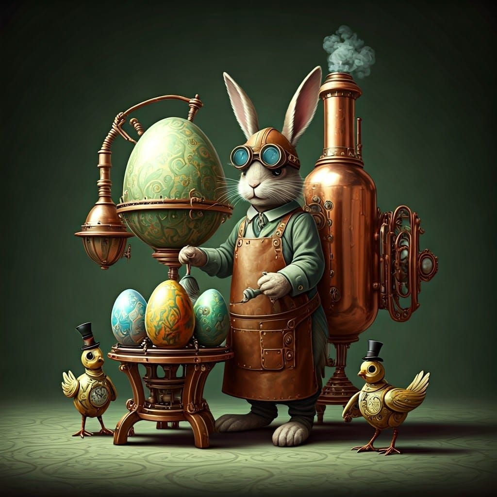 Steampunk Bunny Crafts Elegant Eggs with Intricate Steam-Pow...