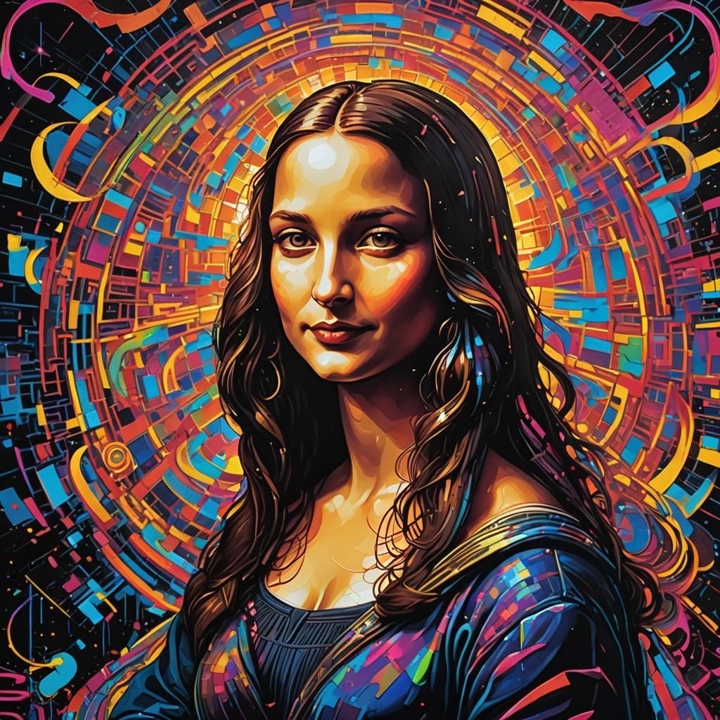 80s Mona Lisa with Neon Lights, Hyperrealistic