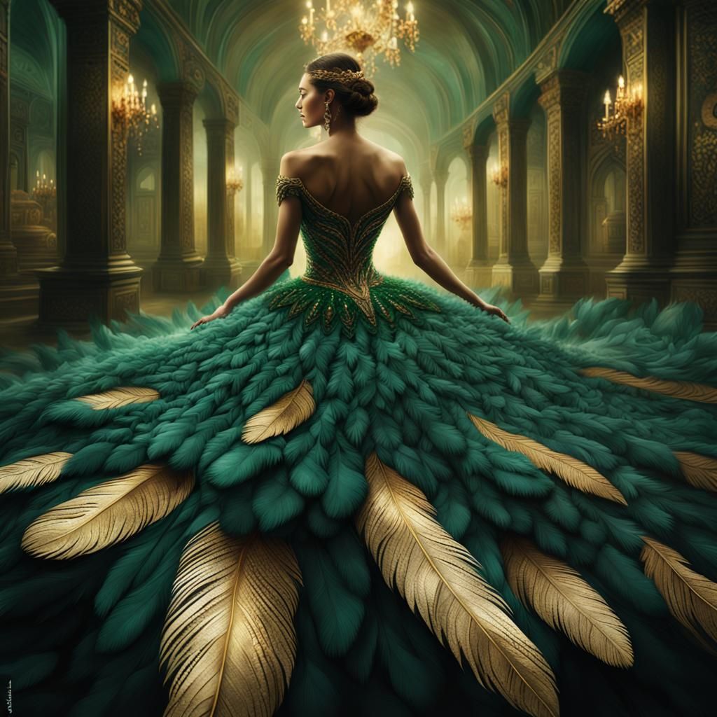 Woman in Feather Dress: Emerald and Gold Digital Art