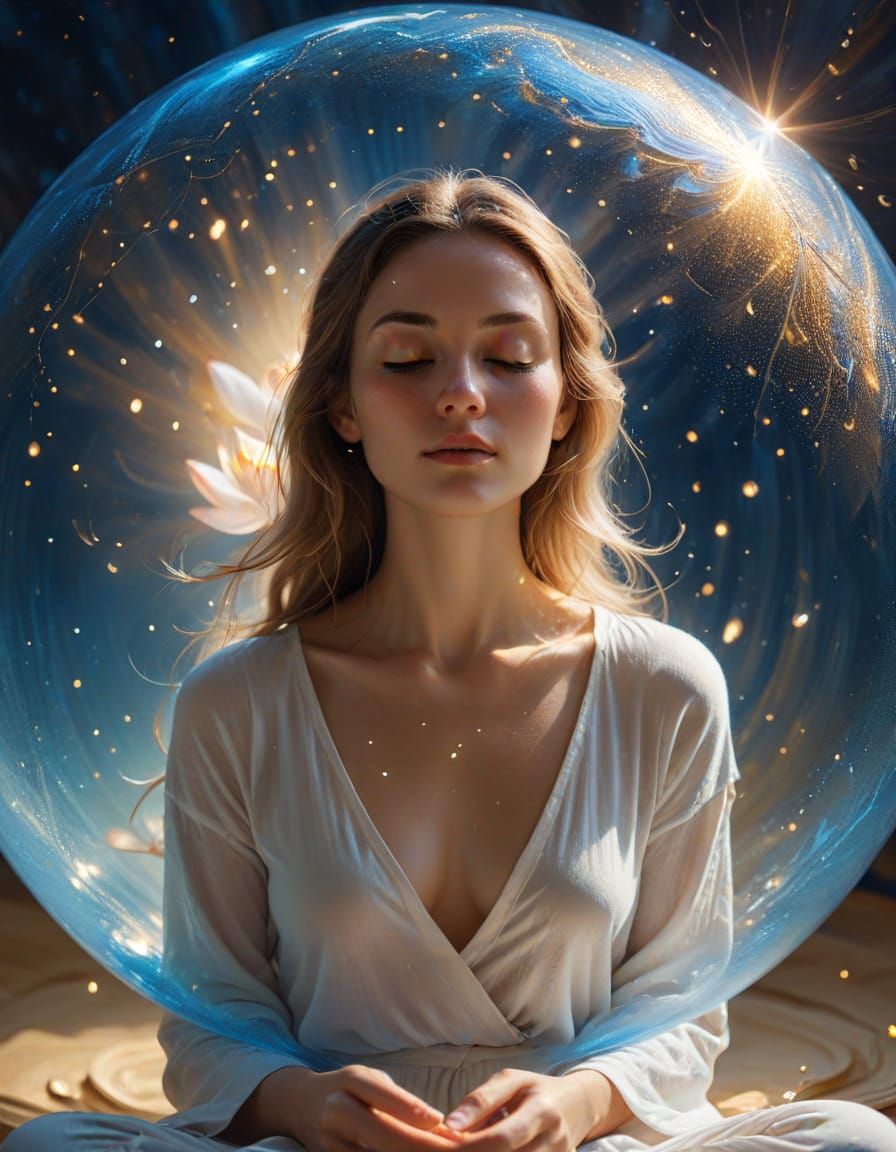Serene Woman Meditating in Luminous Blue Sphere