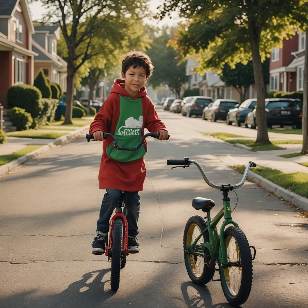 Boy Rides Bike in Golden Hour Sunlight