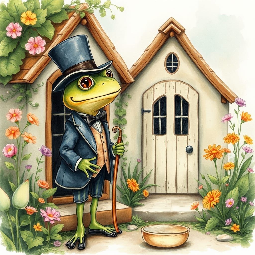 Frog Serenade: Whimsical Illustration in Watercolor Style