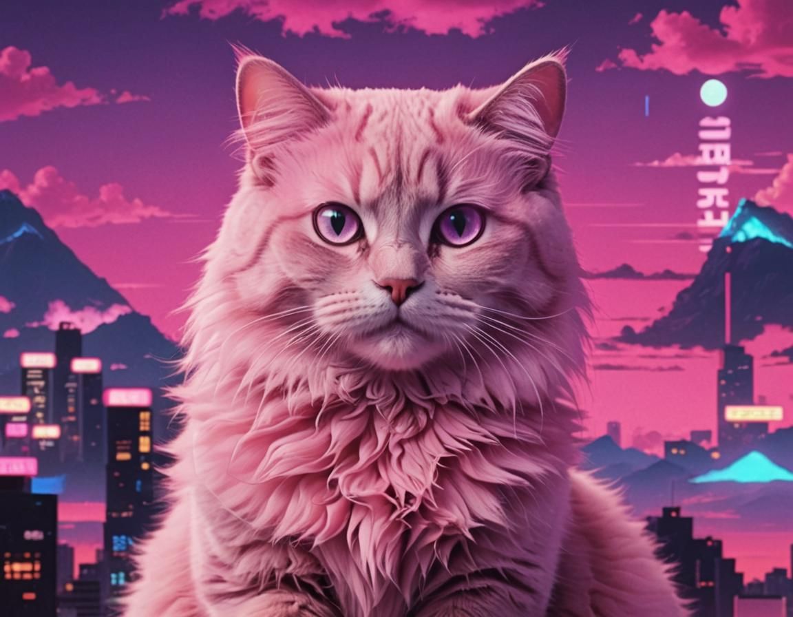 Synthwave Vaporwave Cat with Japanese Subtitles