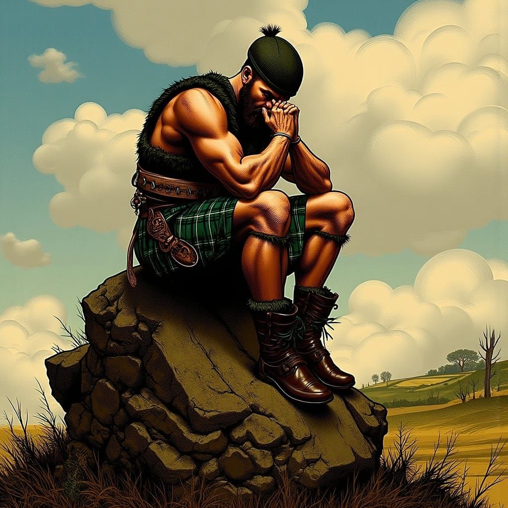 Misty Highland Warrior in Traditional Scottish Attire