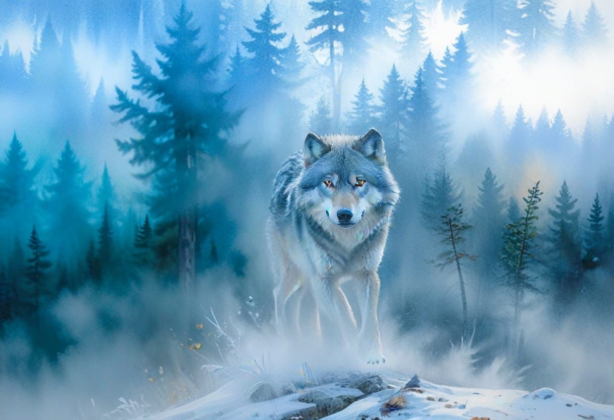 Grey Wolf Runs Through Siberian Taiga in Watercolor