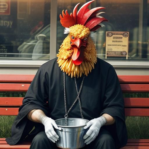 Surreal Rooster Man Eats Fried Chicken