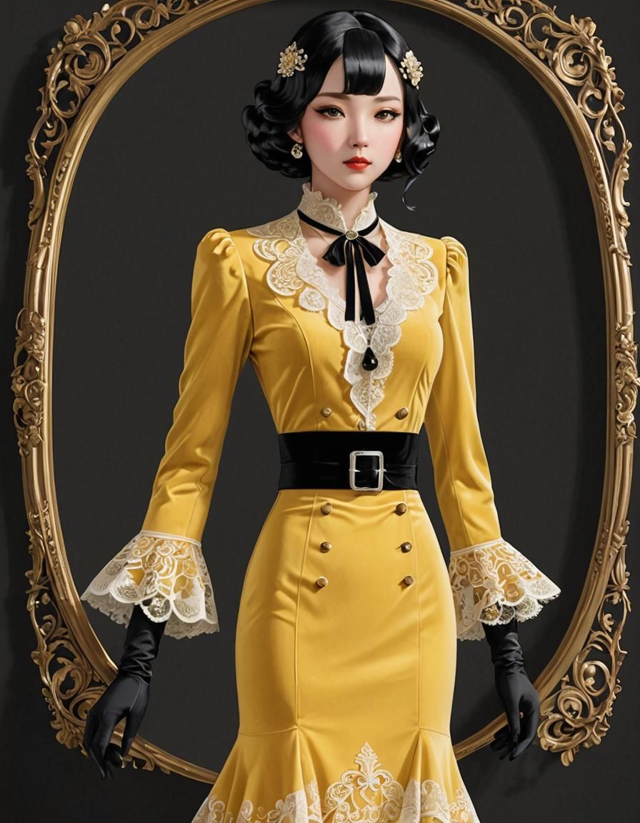 Velvet & Lace Yellow 1930s Ladies Suit in 3D Anime