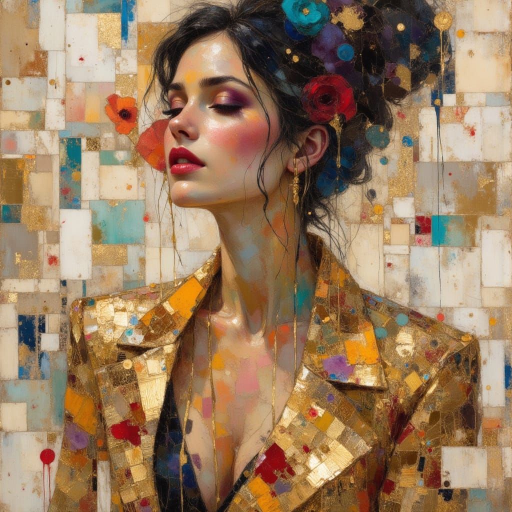 Surreal Woman Portrait in Dripping Metallic Watercolor