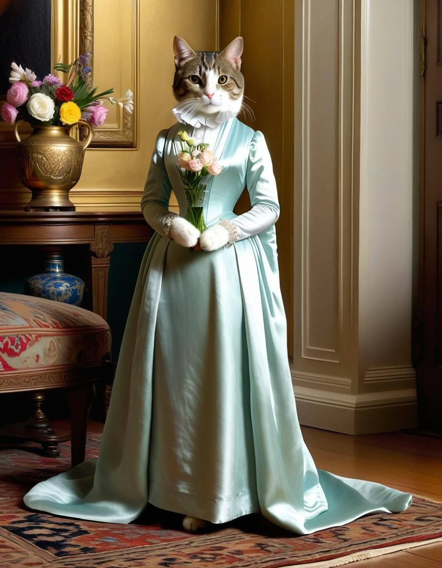 Tabby Cat in Edwardian Gown: Portrait in Sargent Style